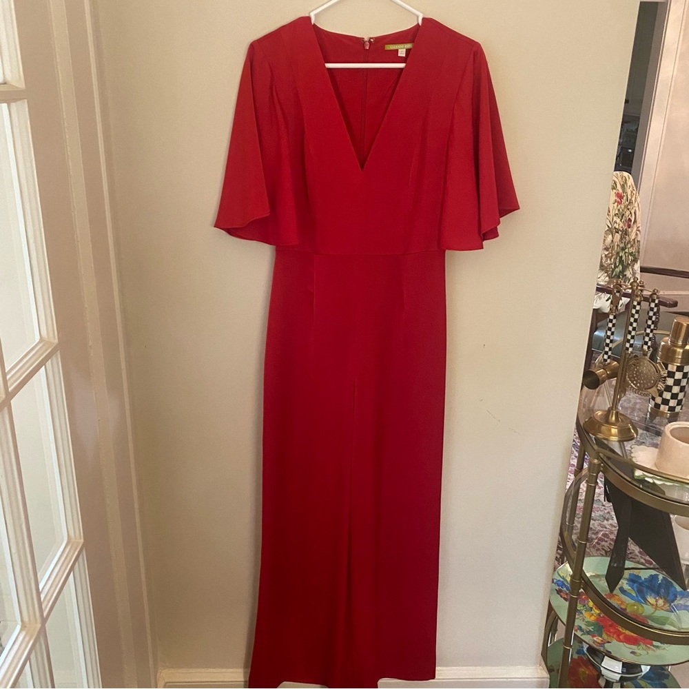 GIANNI BINI v-neck, cape sleeves, wide-leg red silk pantsuit, never worn, size 2